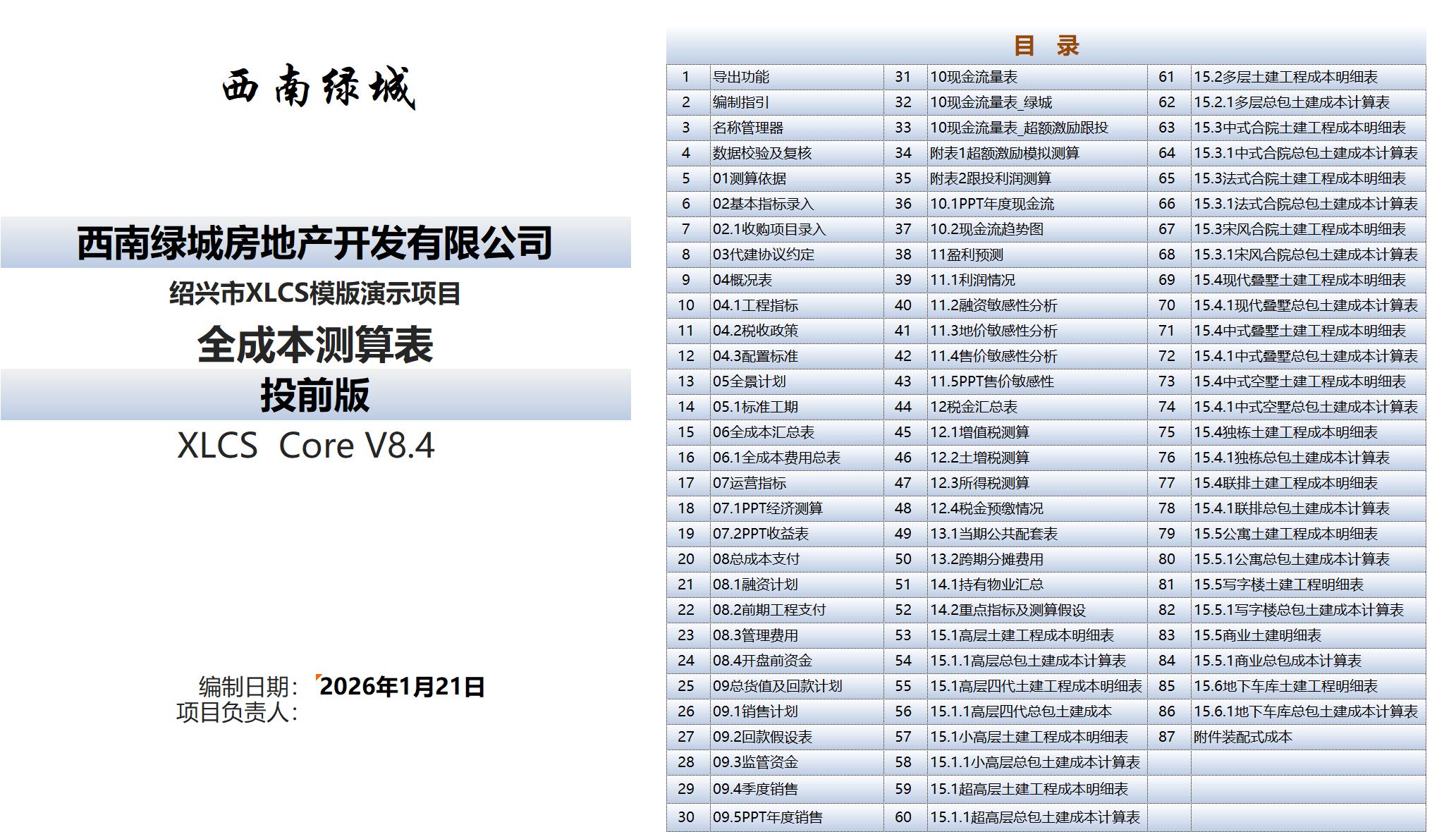 XLCS Core西绿项目全成本测算V8版目录 XLCS Core 西绿项目全成本测算正式版预览